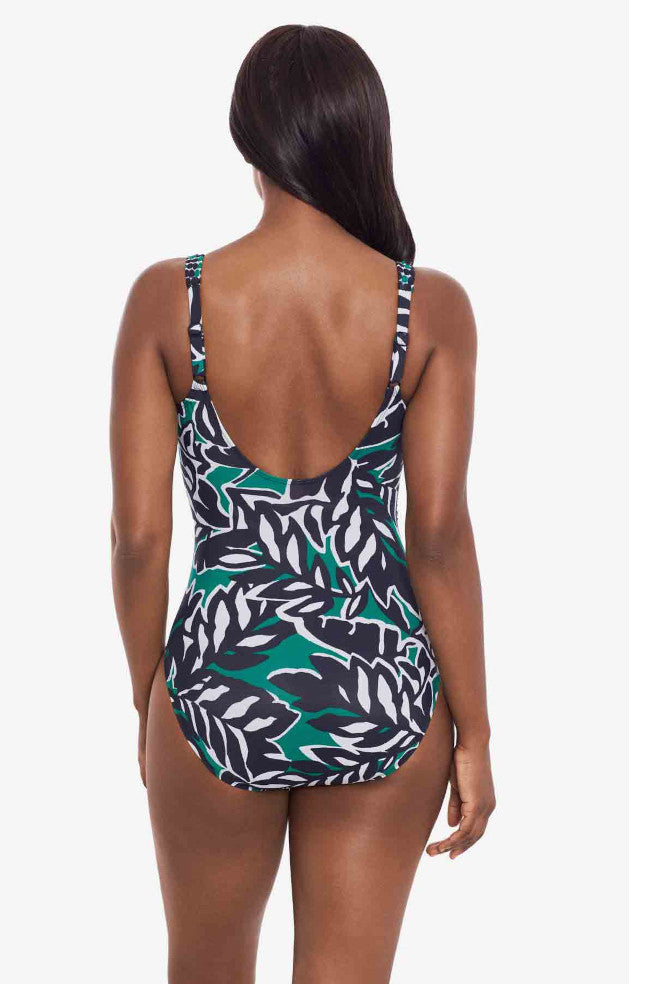 Miraclesuit Palma Verde Sanibel one-piece swimsuit in black and multi-color with bold pattern and supportive fit.