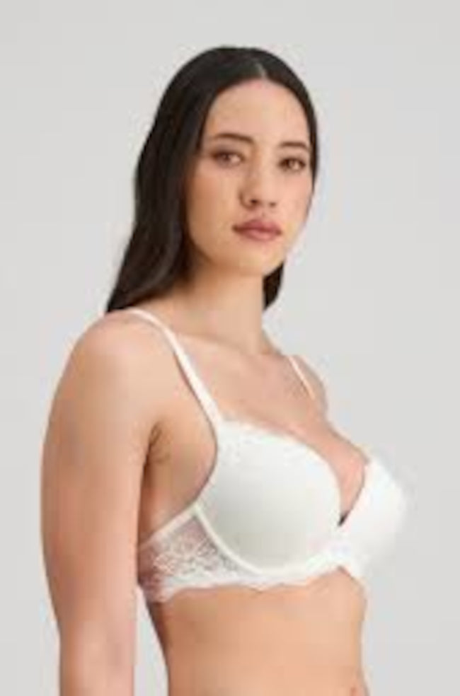 White lace plunge push-up bra, size 12C, by Pleasure State with intricate detailing.