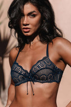 Naran Barefoot Byron underwire balconnet bra in ink tan lace with adjustable straps, size 12B.