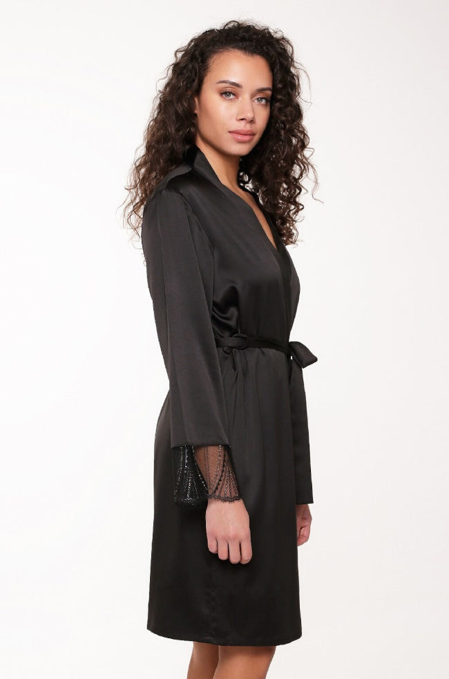 Lightweight black satin kimono with lace detail, designed by Not Just Bras, in size XS.