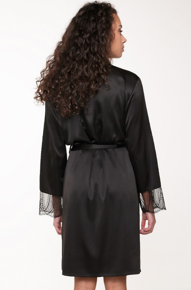 Black satin kimono with lightweight lace detail from Not Just Bras, available in size XS