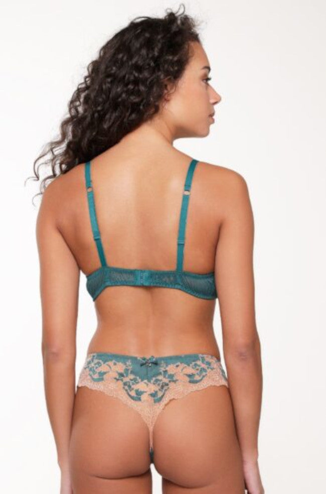 Lindy turquoise mesh lace thong in Deep Lake color, featuring a delicate design, available in size XS.