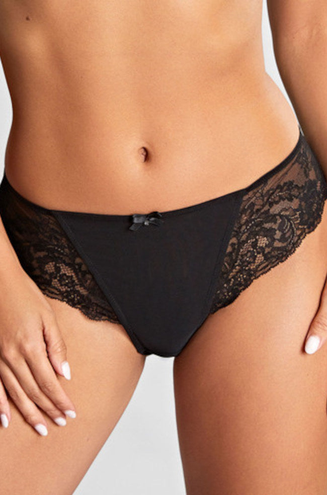 Black lace Brazilian brief from Panache, part of the Ana collection, available in sizes 12, 14, and 16.