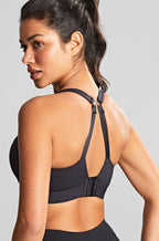 Panache black wired sports bra designed for larger cup sizes, featuring adjustable straps and supportive fit.