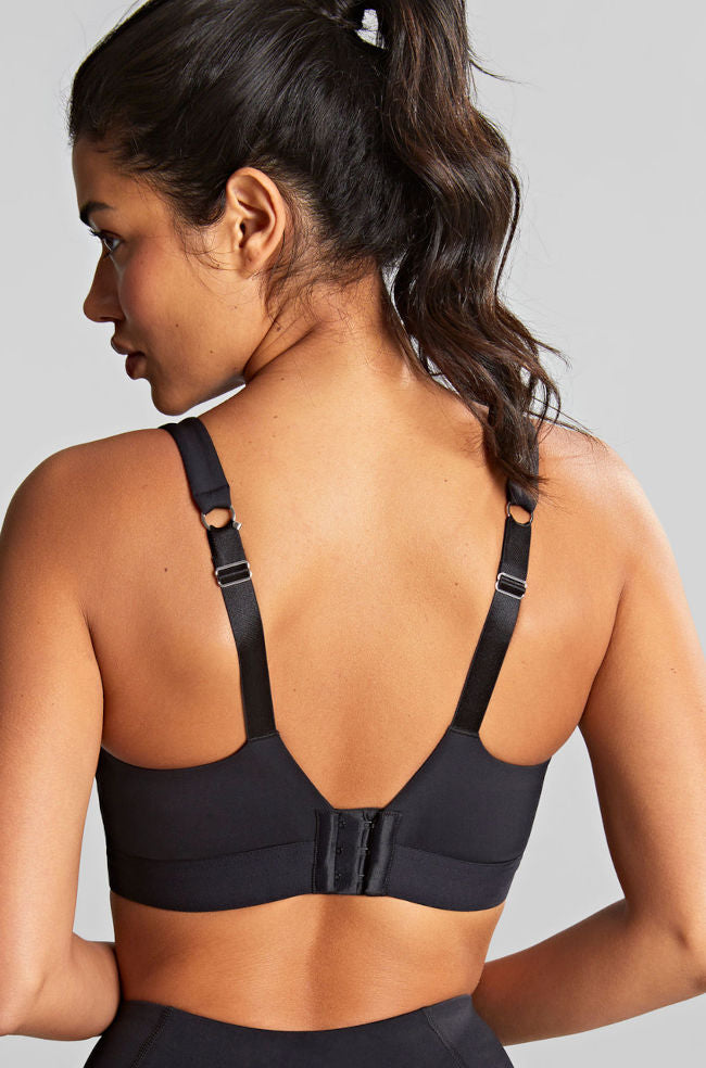 Black wired sports bra from Panache, featuring larger cup sizes and support for active wear