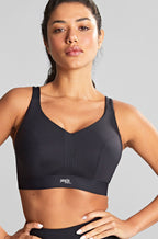 Black wired sports bra from Panache, designed for larger cup sizes, featuring adjustable straps.