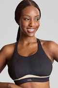 Black and chalk wire-free sports bra with adjustable straps by Panache