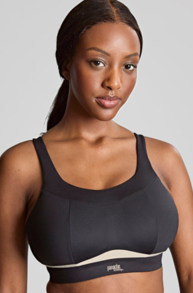 Panache Freedom Wirefree Sports Bra in black and chalk, featuring a wire-free design and available in various D cup sizes.