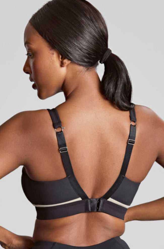 Panache Freedom Wirefree Sports Bra in black and chalk, featuring adjustable straps and a D cup size