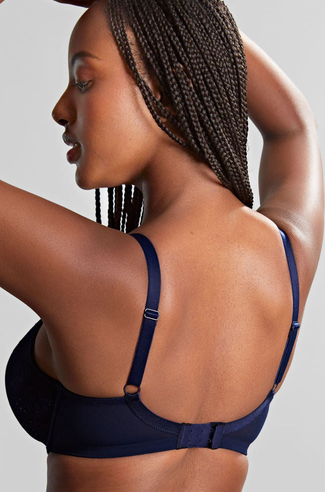 Midnight sequin plunge bra with high apex design, Panache brand, available in DD cup sizes 10, 12, and 16.