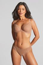 Nude honey stretch lace plunge bra by Panache in size 10GG with elegant design