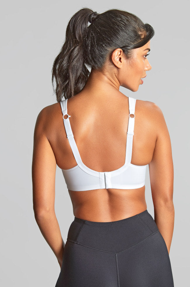 White Panache underwire sports bra with full bust support, featuring breathable fabric and reinforced cups for active comfort.