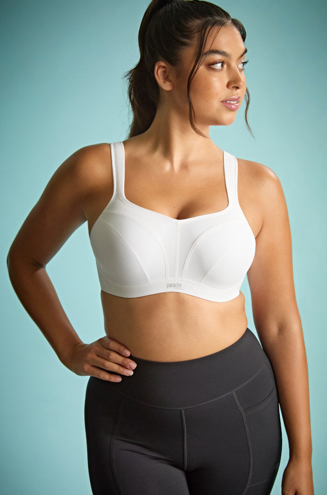 White Panache underwire sports bra with full bust support, designed for comfort and stability during physical activity.