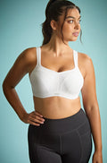 White underwire sports bra by Panache, style 5021, full bust support, size 12B, adjustable straps.