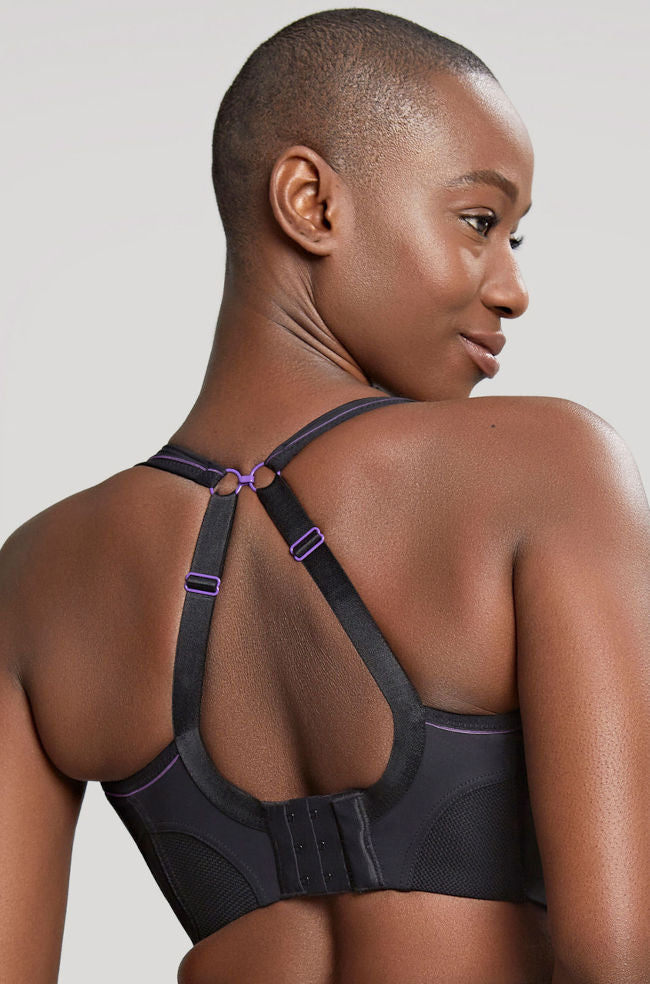 Panache black wirefree sports bra with adjustable straps and mesh detailing, suitable for larger cup sizes.