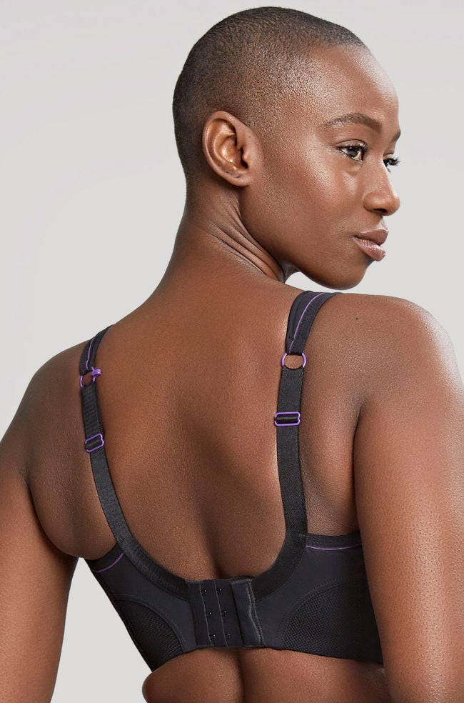 Black wirefree sports bra by Panache designed for larger cup sizes, featuring a comfortable, supportive fit.