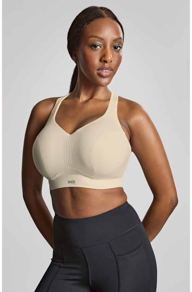 Panache Endurance wired sports bra in chalk color, non-padded design, fits D cup sizes.