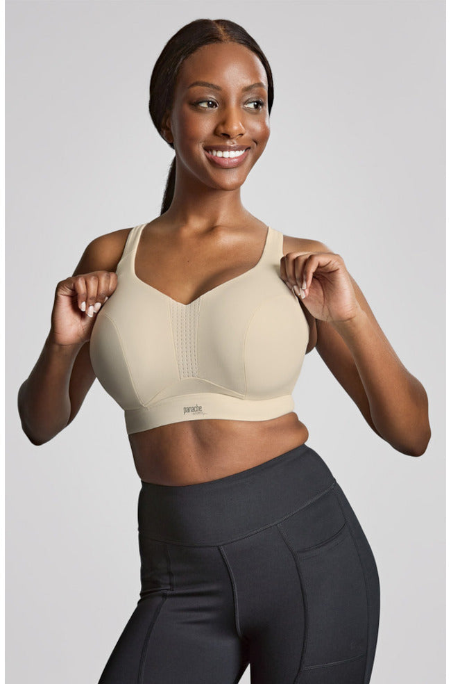 Panache non-padded chalk-colored wired sports bra with convertible straps in size 12 D cup
