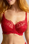 Panache Allure Full Cup Bra in True Red with recycled lace underwire and adjustable straps, D cup size.
