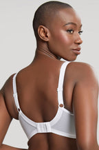 White semi-sheer plunge bra with lace detailing, adjustable straps, size 12F by Panache