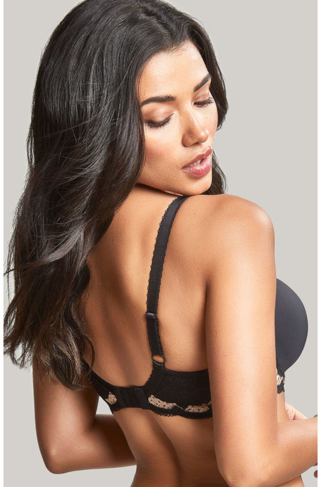 Black underwire bra with moulded cups and vintage gold accents, size 8FF by Panache