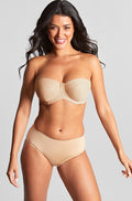 Nude Panache Evie strapless bra with underwire support and 3-section cups, size 8FF for backless dress styling.
