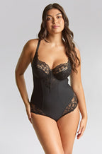 Black lace Allure bodysuit by Panache with sheer detailing and adjustable straps, perfect for layering.