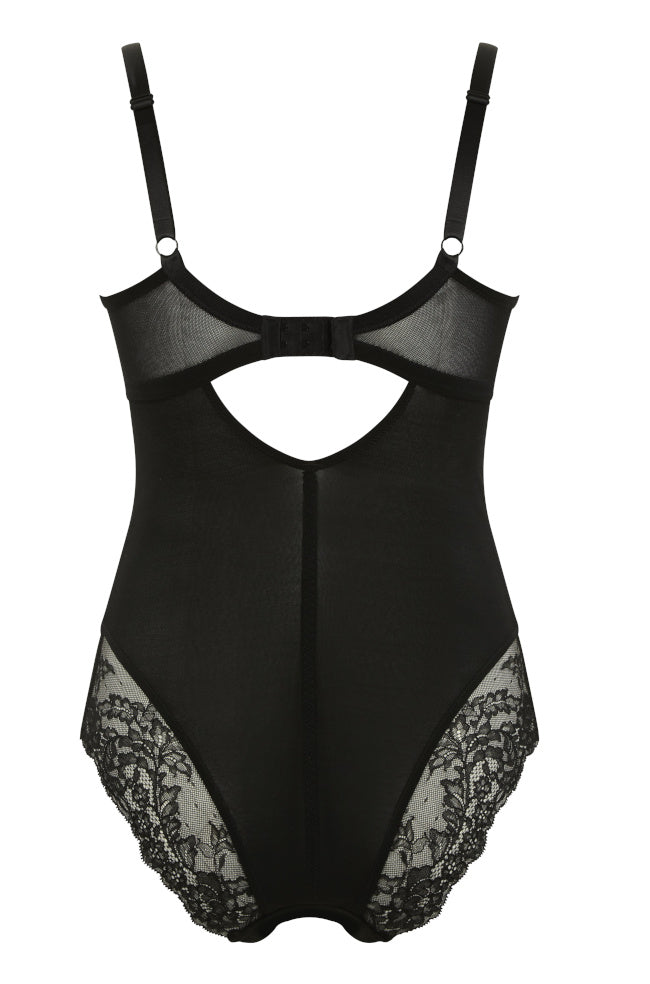 Panache black lingerie bodysuit featuring a sleek design with adjustable straps, available in various cup sizes.