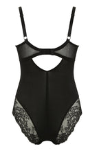 Panache black lingerie bodysuit featuring a sleek design with adjustable straps, available in various cup sizes.