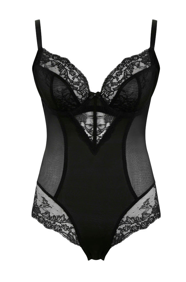 Black lace Ana bodysuit by Panache, featuring intricate detailing and a fitted design