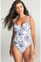 Paloma Balconette swimsuit in Capri print, black with DD and E cup options, stylish one-piece swimwear by Panache.