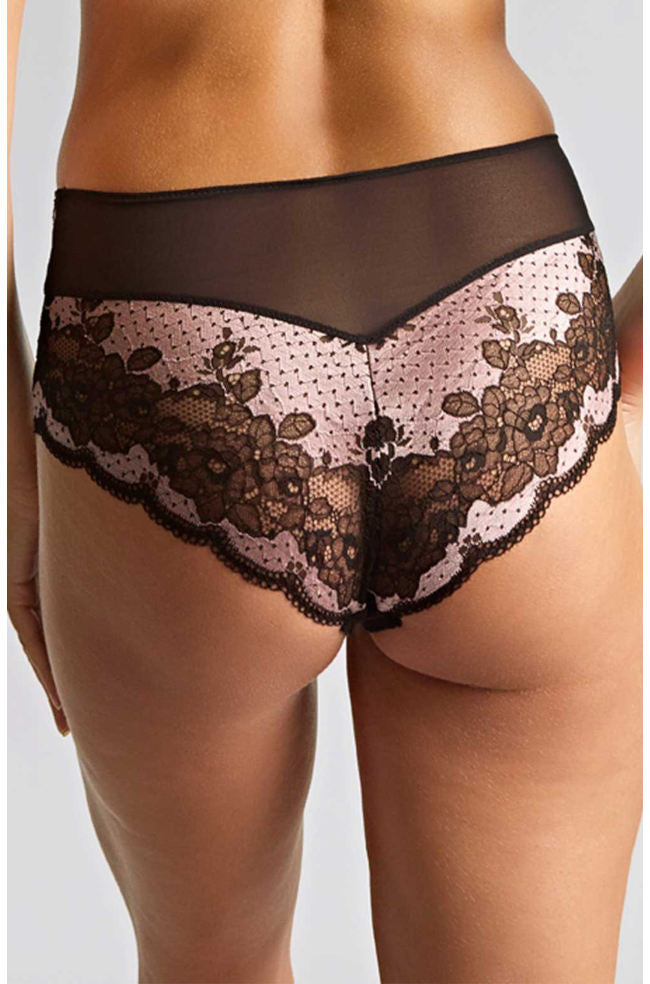 Black brief with pink lace trim and cotton gusset, medium coverage, by Panache