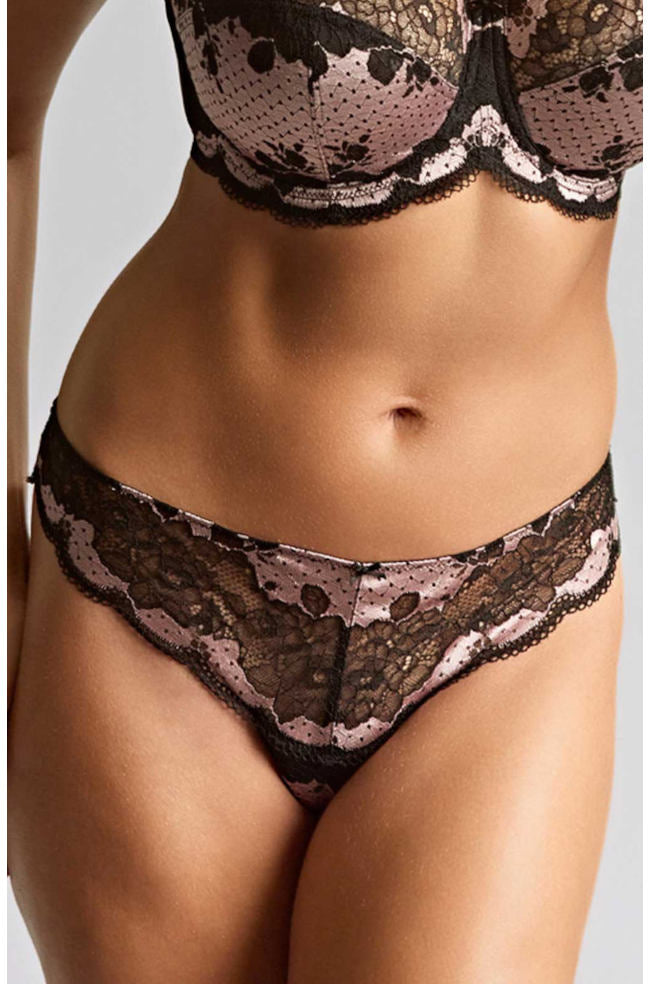 Black and pink lace thong with cotton gusset, part of the Clara collection by Panache