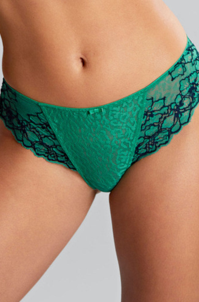 Emerald leopard print Brazilian brief underwear by Panache, featuring a stylish and comfortable fit.