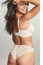 Ivory lace bikini brief by Panache with medium coverage and cotton gusset, available in size 10, 12, and 14.