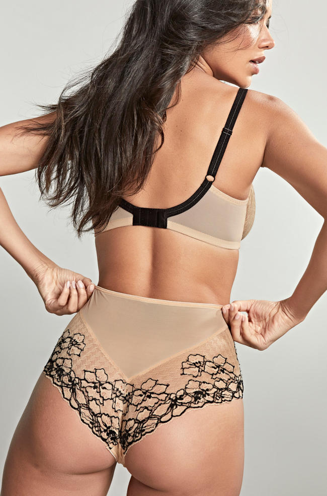 Panache high waist brief in sand and black, featuring a smooth finish and full coverage design.