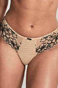 Panache Envy Thong in sand and black houndstooth lace with cotton gusset, stylish women's underwear.