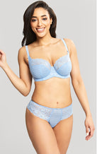Sky blue lace thong underwear from Panache, featuring delicate jacquard design and a stylish brief cut.