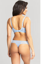 Sky blue lace thong featuring jacquard design by Panache, available in sizes 10, 12, and 14