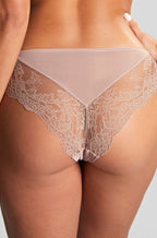 Panache Ana Brazilian Brief in vintage blush lace, size 10, featuring delicate lace design and comfortable fit.
