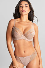 Panache Ana Brazilian Brief in vintage blush lace, size 10, featuring elegant floral lace design and comfortable fit.