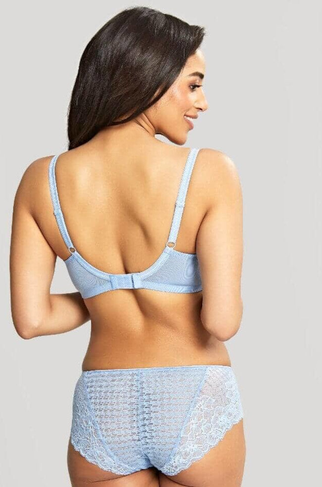 Sky blue lace jacquard briefs by Panache, featuring delicate floral designs and soft fabric, available in multiple sizes.