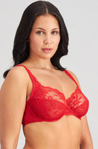 Giliana Salsa Red full lace unlined underwire bra, D cup, featuring adjustable straps and intricate lace detailing.
