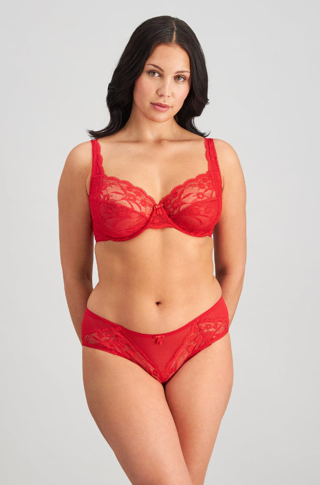 Salsa red lace underwire bra by Pleasure State, unlined, available in D cup sizes 10, 12, and 14.