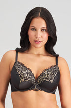 Pleasure State black contour plunge bra for fuller bust, adjustable straps, available in DD cup sizes 10, 14, 16