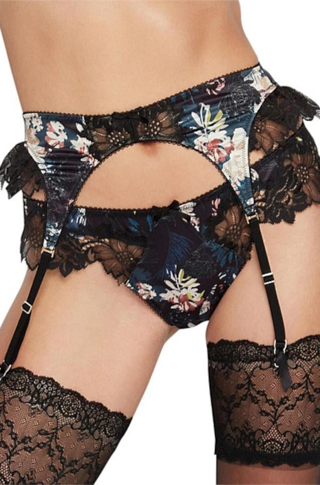 Dark botanical adjustable suspender with gold fittings, featuring intricate floral lace design, by Pleasure State, size XS.