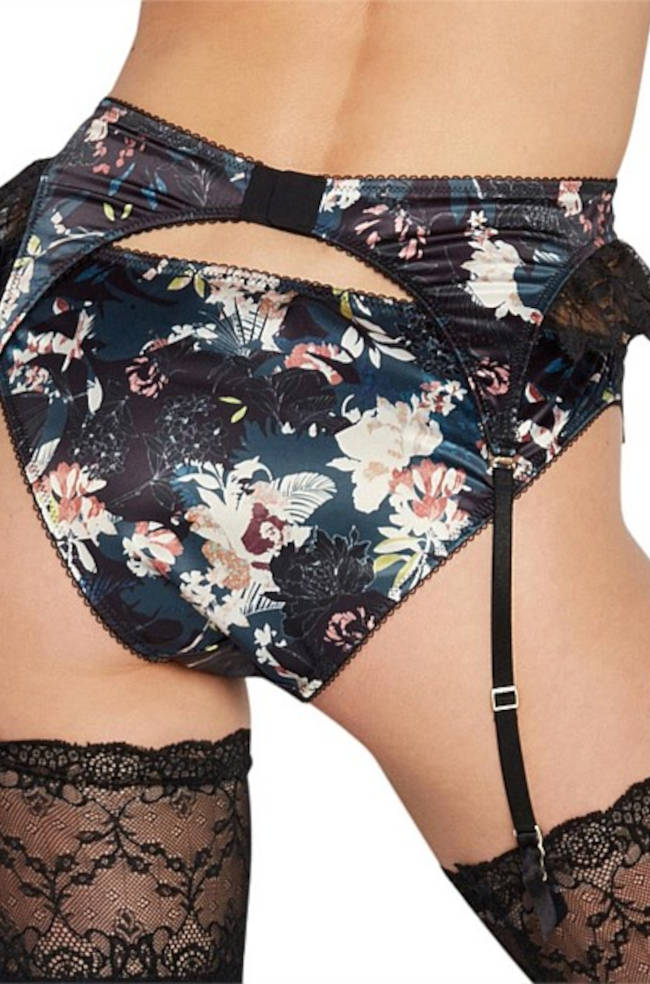 Dark botanical lace suspender with gold fittings, adjustable straps, size XS by Pleasure State