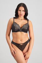 Pleasure State black contour plunge bra for fuller bust, adjustable straps, DD cup, sizes 10-16