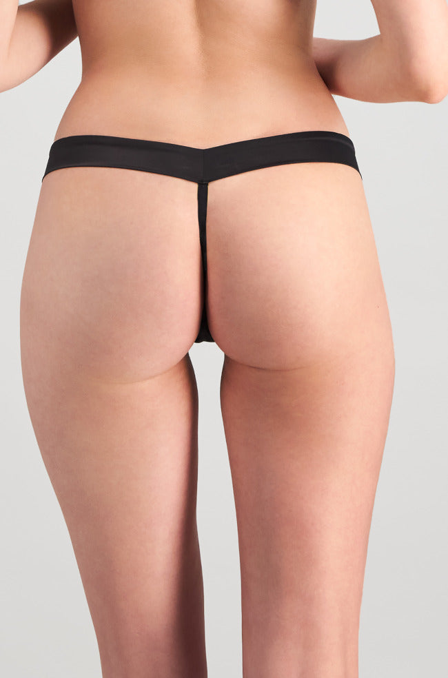 Black eyelash lace and satin thong lingerie by Pleasure State, available in sizes S, M, L