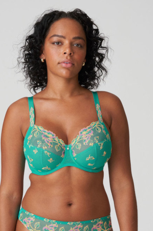 Teal Lenca Sunny UW Bra by Primadonna in D and DD cup sizes, showcasing delicate lace detailing